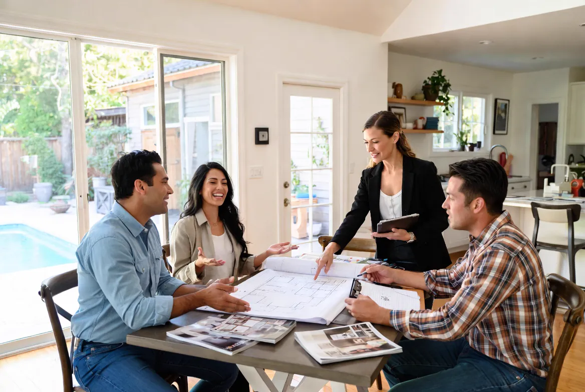 Initial construction consultation meeting discussing project goals, budget, and timeline with client